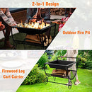 Costway Outdoor Wood Burning Fire Pit, Multifunctional Steel Firepit with Firewood Rack, Convenient Handle and Wear-Resistant Wheels, Portable Fire Pit w/Mesh Lid & Grill for Patio, Garden, Poolside