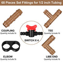 Outus 68 Pcs Drip Irrigation Fitting Kit 1/2 Inch Tubing Set, Switch, Tee, Coupling, Elbow and End Cap Plastic Plug, Drip Irrigation Connector for Compatible Drip or Sprinkler System