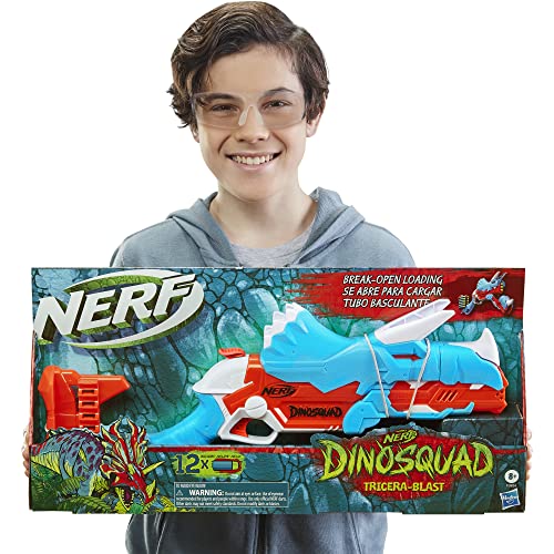 Hasbro NERF DinoSquad - Tricera-Blast Dart Blaster - US Version - TriceraTops Dinosaur Design - Break-Open 3-Dart Loading - 12 Official NERF Darts - Dart Storage - Toys for Kids - F0803 -Ages 8+