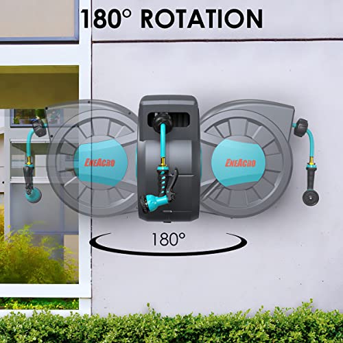 REDUCTUS Retractable Garden Hose Reel Wall Mount 1/2 x 100 ft + 6.5 ft  Water Hose with Reel Automatic Rewind Lock Any Length, Outdoor 180° Swivel