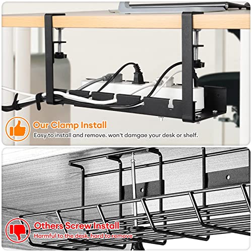 Necomi No Drill Under Desk Cable Management Tray, 21.7" Retractable Clamp Mounted Desk Cable Cord Organizer for Wire Management, Sturdy Metal Cable Tray Basket for Home Office(Black)