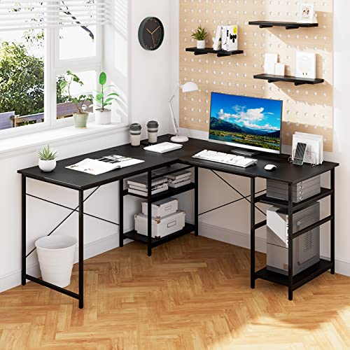 Giantex L-Shaped Desk with Storage Shelves, 242cm Wooden Corner Desk, Large Computer Gaming PC Desk, Home Workstation, Writing Table Study Desk for Bedroom Study (Black)