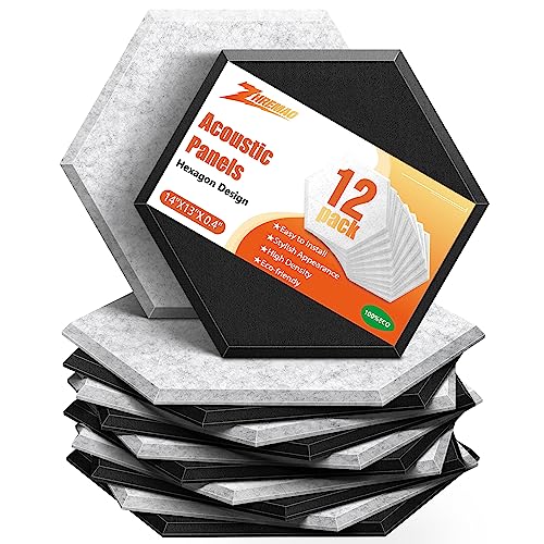 ZHERMAO 12 Pack Hexagon Acoustic Panels Beveled Edge Sound Proof Foam Panels, 14"X13"X 0.4" High Density Sound Proofing Padding for Wall, Acoustic Treatment for Studio, Home and Office (Grey Black)