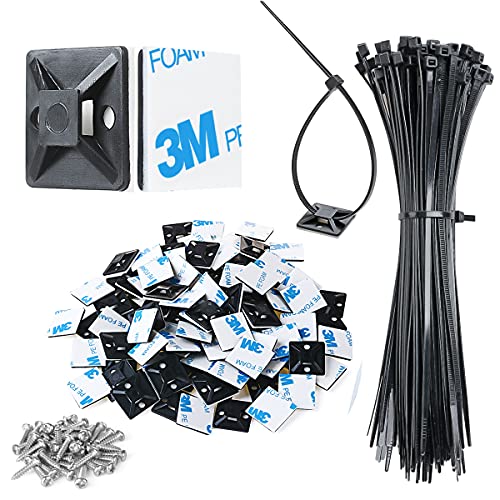 XHF 3/4" Strong Cable Zip Tie Mounts whih Cable Ties, Self Adhesive Wire Cable Clips Organizer Holders Black 100 PCS