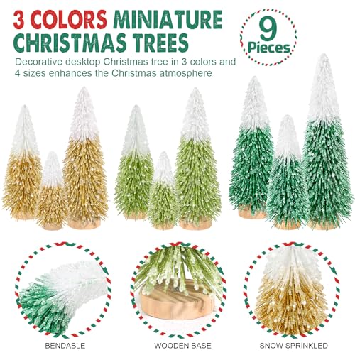 9pcs Mini Christmas Trees Christmas Decor, Artificial Christmas Mini Bottle Brush Trees Tabletop, Christmas Decoration Trees with 4 Size Xmas Holiday Decor (9pcs Green+Dark Green+Golden)