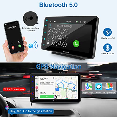 Carpuride W707 Wireless Apple Carplay & Android Auto, 7 Inch HD IPS Touchscreen Car Radio with Button, Bluetooth 5.0/Google/Mirror Link/GPS/Siri/Mic/FM Portable Car Stereo, Dash Windshield Mounted