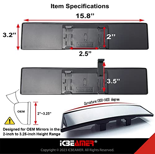 ICBEAMER 15.8" 400mm Easy Clip on Wide Angle Panoramic Blind Spot Fit Auto Interior Rearview Mirror Convex Clear Surface