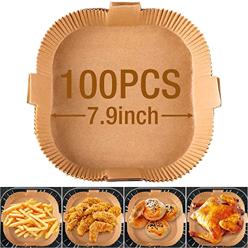 100Pcs Air Fryer Disposable Paper Liner With handle Easy take out, Baking Paper for Air Fryer Water-proof, Oil-proof, Non-stick, Parchment Paper for Baking- 7.9 inch Air Fryer Liners Square