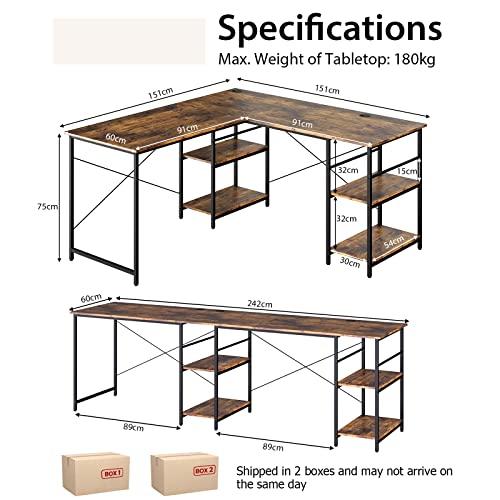 Giantex L-Shaped Desk with Storage Shelves, 242cm Wooden Corner Desk, Large Computer Gaming PC Desk, Home Workstation, Writing Table Study Desk for Bedroom Study (Rustic Brown)