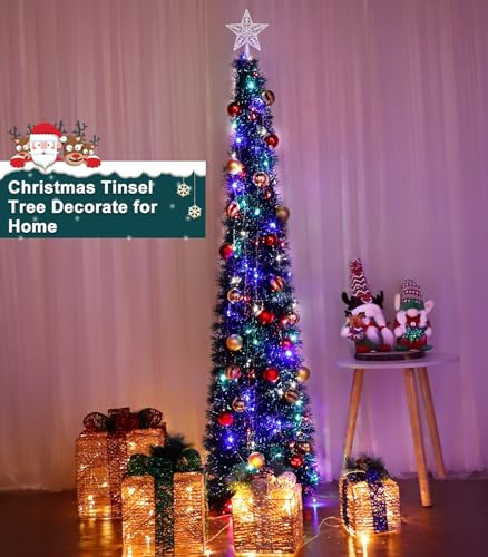 [ Warm White & Multi Color Change Lights & Timer ] 5 Ft Prelit Tinsel Pop Up Christmas Tree 50 Lights 25 Ball Ornaments 3D Star Battery Operated Sequins Tinsel Tree Xmas Decoration Home Indoor Outdoor