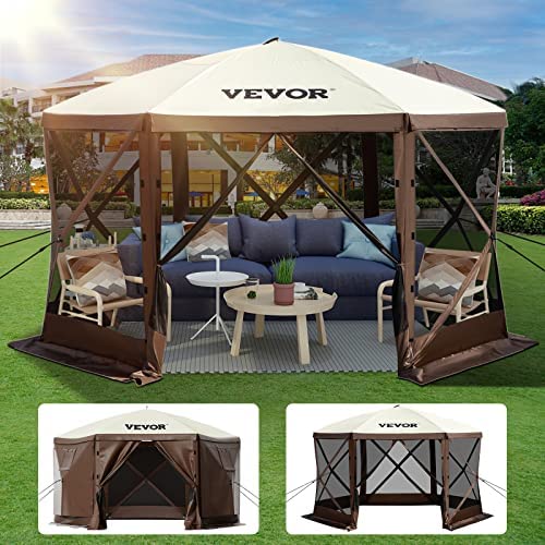 VEVOR Gazebo Screen Tent, 12 x ft, 6 Sided Pop-up Camping Canopy Shelter Tent with Mesh Windows, Portable Carry Bag, Ground Stakes, Large Shade Tents for Outdoor Camping, Lawn & Backyard, Brown/Beige