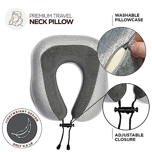 Airplane Neck Pillow Includes Travel Pillow + Eye Masks + Earplugs for Travel, 100% Pure Memory Foam Travel Pillow, 3 Pc Travel Kit