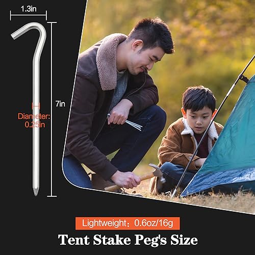 Tent Pegs, 4/8/16/32/64 Pack Aluminum Tent Stakes Pegs with Hook, 7" Hexagon Rod Lightweight Canopy Stakes Pegs for Camping, Canopy, Outdoor Decoration(7", 4 Pack)