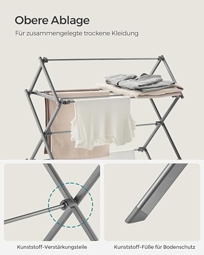 SONGMICS Foldable Clothes Drying Rack, Laundry Drying Rack, Clothes Airer, Steel Frame, 14.6 x 29.5 x 53.2 Inches, Easy Assembly, Indoor Outdoor Use, Gray ULLR770G01