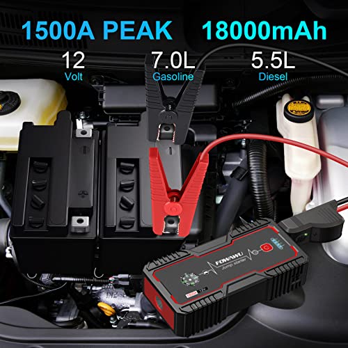 FOWAWU 18000mAh 1500A Car Jump Starter,Water-Resistant Jump Starter Battery Pack(7.0L Gas,5.5L Diesel) ,Battery Jumper Starter Portable with USB/DC 12V Output/LED Light