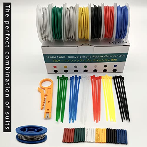 24awg Gauge Electrical Wiring Kit 7 Color Cable 7x30 ft Spool Wire Cable DIY Easy to Work Wire Flexible Silicon Wire Included Tinned Wire and Tool Accessories