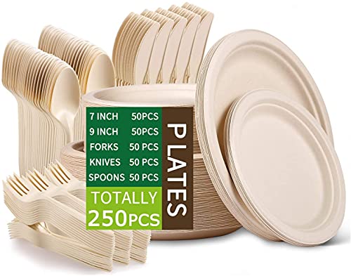 Paper Plates Heavy Duty,Paper Plates Set,Dinner Plates Set,Sugarcane Disposable Paper Plates Set Eco,9 Inch and 7 Inch Party Plates,Forks,Knives and Spoons Set for 50 People [250 PCS]