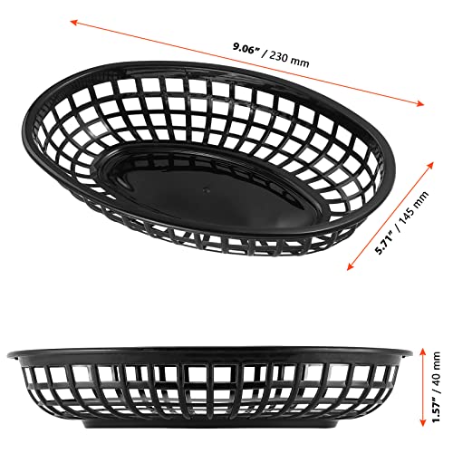 SINJEUN 60 Pack 9 x 5.7 x 1.6 Inch Black Fast Food Baskets, Plastic Oval Fast Food Basket, Fast Food Serving Baskets for Fries, Hot Dog, Burgers, Sandwiches, Bread, Kitchen and Restaurant Supplies