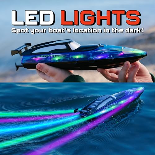 Remote Control Boat for 8-12 and Up – With LED LIGHTS – for Pool and Lake - RC Boats for Kids 8-12 - 2.4 GHZ Remote Controlled Boat- Electric Boat Rechargeable Battery – Remote Control Water Toys