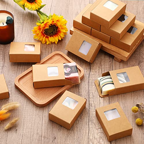 Outus 100 Pcs Soap Boxes with Window Mini Kraft Paper Box Favor Boxes Treat Box Mini Rectangle Gift Boxes Present Packaging Box for Homemade Soap Bakery Candy Wrapping, 3.5 x 2.6 x 1.2 Inch (Brown)