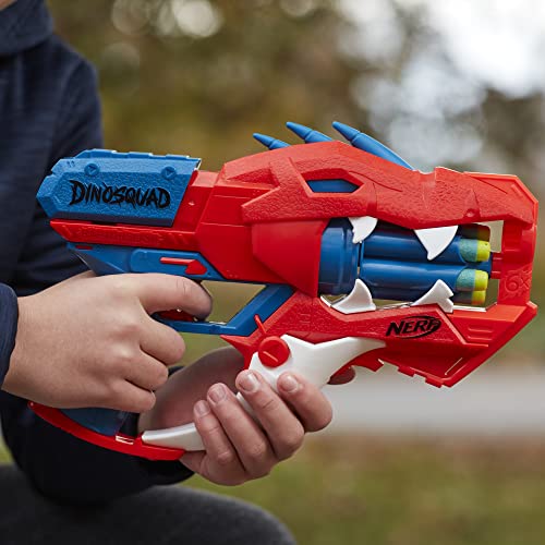 Nerf DinoSquad Raptor-Slash Dart Blaster, 6-Dart Rotating Drum, Slam Fire Action, 6 Official Nerf Elite Darts, Velociraptor Dinosaur Design