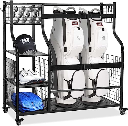 RHSTAO Golf Bags Storage Garage Organizer - Golf Bag Organizer Rack & 4 Removable Hooks, Extra Large Design Golf Bag Stand with Wheels, for Golf Clubs Accessories, Garage, Shed, Basement