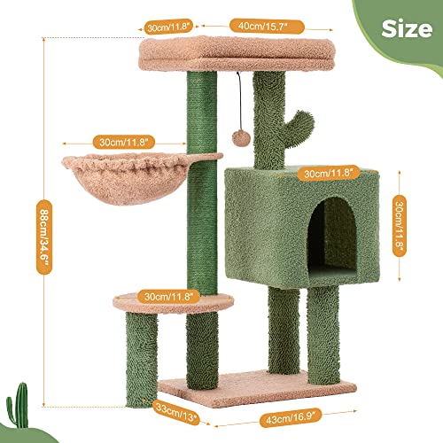 MeowSir Cat Tree Cute Tower Cactus Scratching Post with Large Top Perch Comfy Hammock Private Condo Fully Natural Sisal and Dangling Bell Ball for Indoor Cats- Khaki Green Khaki (YL-MSCT36XRZ10GN-US)