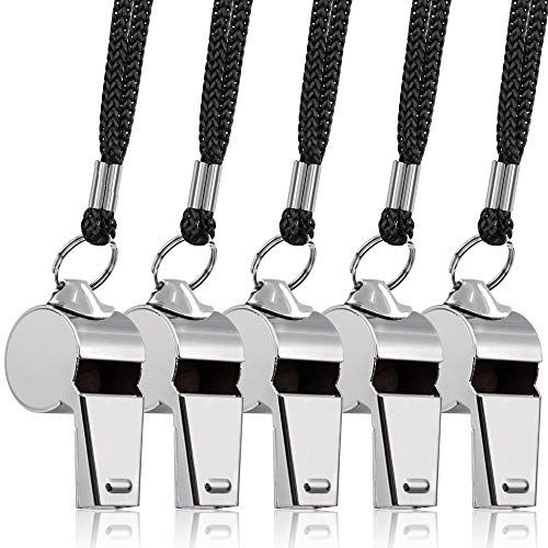 5 Packs Stainless Steel Whistle, FineGood Loud Metal Whistle with Lanyard for Referees Coaches Lifeguards Survival Emergency Football Basketball Soccer Hockey