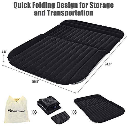 Goplus Inflatable Car Air Mattress for Back Seat, SUV Air Bed with Electric Air Pump Flocking Surface, Portable Car Mattress for Camping Travel, Thickened Home Sleeping Pad Fast Inflation (Black)