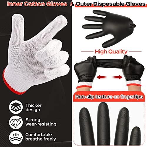 Janmercy 200 Pcs Disposable BBQ Gloves with 4 Pairs Cotton Liners Grilling Gloves BBQ Cooking Gloves (Black, White, X-Large)