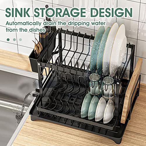 Maxkon Dish Drying Rack 2 Tier Dish Drainer Rack Removeable Cutlery Holder Kitchen Organizer Storage Shelf for Utensil Chopping Board Cup Auto Drainage Kitchen Countertop