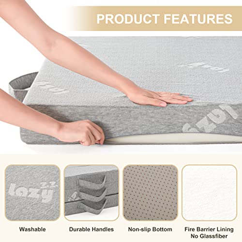 Lazyzizi Sleep 4 Inch Foldable Mattress, Portable Floor Mattress Couch with Headrest, Washable Cover, Foldable Foam Couch Queen for Guest Bed, Folding Sofa Bed, Camping, Road Trip， Light Grey