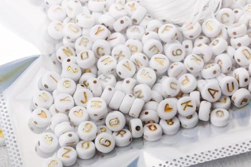 364 Pieces 4x7mm White Round Acrylic with Gold Alphabet Letter Beads (A-Z), Number and Heart Pattern Beads, 1 Elastic Roll for Jewelry Making, Bracelets Necklaces Key Chains