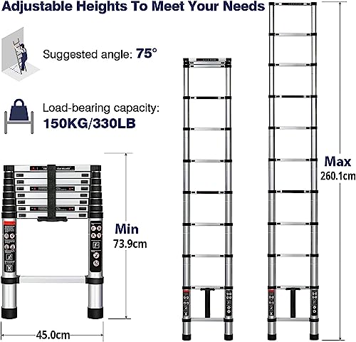 Koreal Telescoping Ladder,2.6Meter Aluminum Folding Telescopic Ladder with Locking Mechanism,Ladders Multi Purpose Collapsible Ladder for Home or RV Outdoor Work,Heavy Duty Load 330 lbs