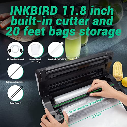 INKBIRD Vacuum Sealer Machine Food Storage with Seal Bags and Starter Kit INK-VS02, Dry/Moist/Pulse/Canister Four Sealing Modes with Built-in Cutter LED Indicator Light Low Noise 8X Longer Food Preservation