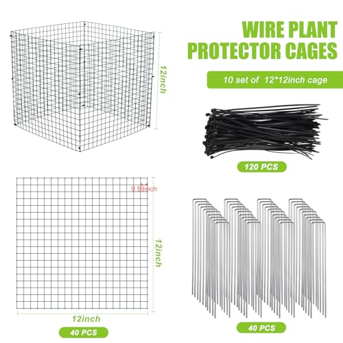 10 Pack Small Wire Plant Protectors 12x12 in Square Plant Protectors from Animals Mesh Plant Cage Chicken Wire Cloche for Plants Shrubs with Ground Stakes and Nylon Ties (Dark Green,Thickness 1mm)