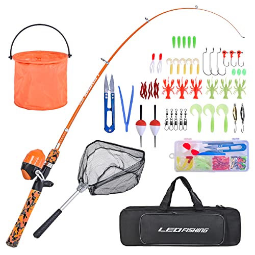 LEOFISHING Kids Fishing Pole Set with Full Starter Kits Portable Telescopic Fishing Rod and Spincast Reel with a Fishing Net and Bucket for Boys Girls and Youth (Orange)