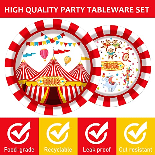 gisgfim 96 Pcs Circus Party Supplies Paper Plates Napkins Carnival Party Disposable Tableware Set Birthday Decorations Favors for Kids Baby Shower Circus Decor Serves 24