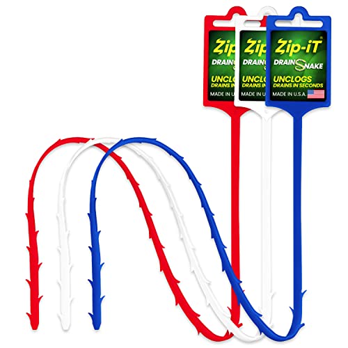 Zip-It Hair Clog Removal 25-inch Overall Length Drain Snake Cleaner (3-Pack) – Red White & Blue Edition – Unclog Your Sink, Shower, & Tub In Seconds – Non-toxic, Made in the USA