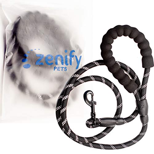 Zenify Pets Dog Lead - Durable Strong Chew Resistant Slip Lead Nylon Rope Padded Handle Mountain Climbing Harness Pet Puppy Training Slipknot Leash for Walking [1/2 inch 1.2cm Thick] (Black 4ft)