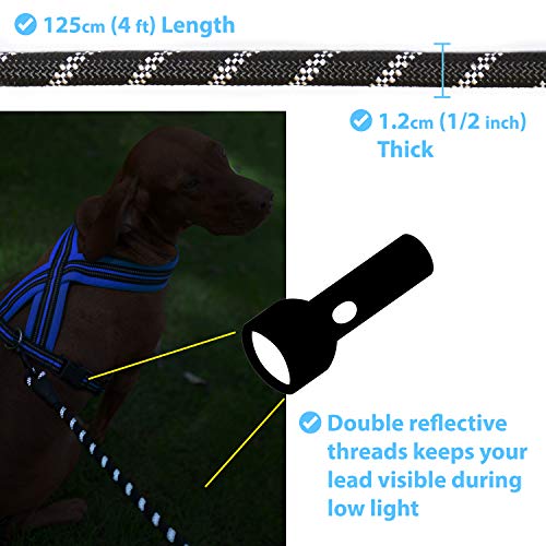 Zenify Pets Dog Lead - Durable Strong Chew Resistant Slip Lead Nylon Rope Padded Handle Mountain Climbing Harness Pet Puppy Training Slipknot Leash for Walking [1/2 inch 1.2cm Thick] (Black 4ft)