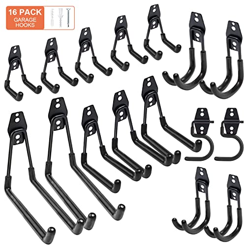 16 Pack Garage Hooks Heavy Duty, Utility Steel Garage Storage Hooks, Wall Mount Tool Organizer with Anti-Slip Coating for Garden Tools, Ladders, Bulky Items and More Equipment (Black)