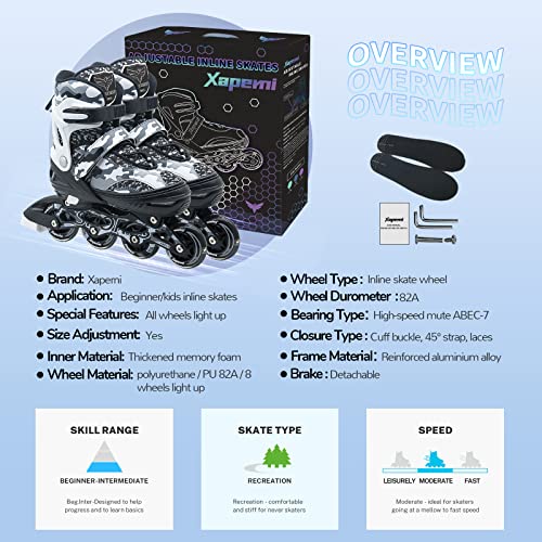 Adjustable Roller Blades, Inline Skates for Girls Kids, Light Up Adult Roller Blades Skates for Boys Girls Children Teens Women Outdoor Indoor(Black Camo)