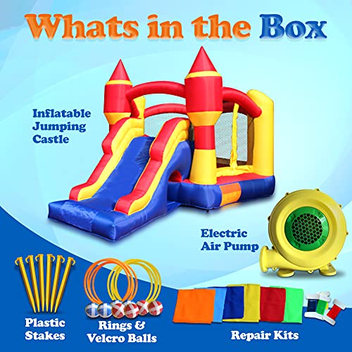 SereneLife Inflatable Bounce House Castle Bouncer - In/Outdoor Portable Jumping Bounce Castle w/Slide, Safety Net - Kids Castle Party Bounce House - Ocean Balls, Air Pump, Carry Bag -SLIB970
