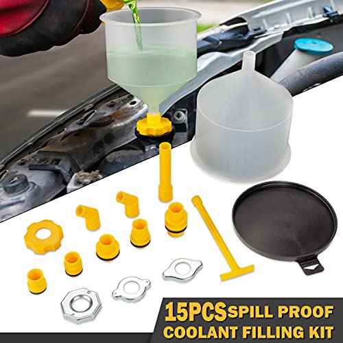 Spill Proof Radiator Coolant Filling Funnel Kit 15-pcs Cooling System Fill Kit