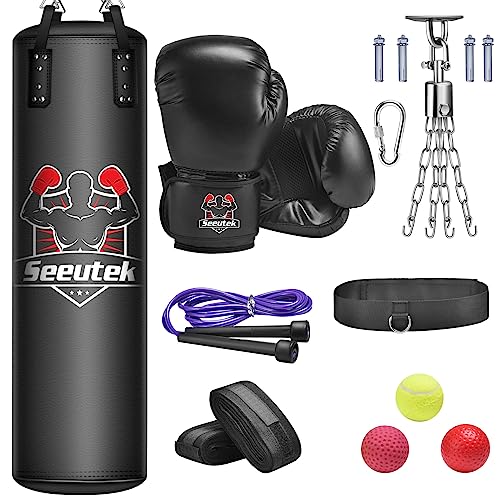 Seeutek Punching Bag for Adults, Unfilled 4FT PU Boxing Bag Heavy Bag Set with 12OZ Boxing Gloves, Wraps, Chain for MMA Kickboxing Karate Muay Thai Taekwondo Home Gym Training