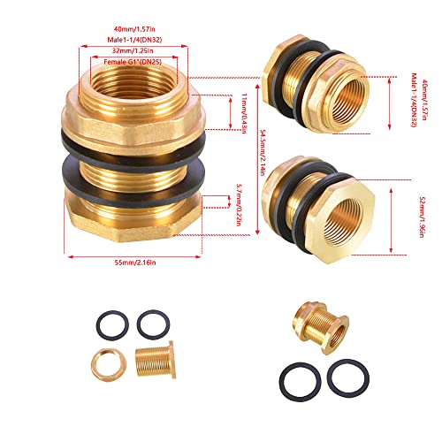 Brass Water Tank Connector, 2PCS Male 1-1/4 Inch Female 1 Inch Thread Brass Connector for Water Tower Outlet Interface Joint Fitting Copper Tube Adaptor Pipe