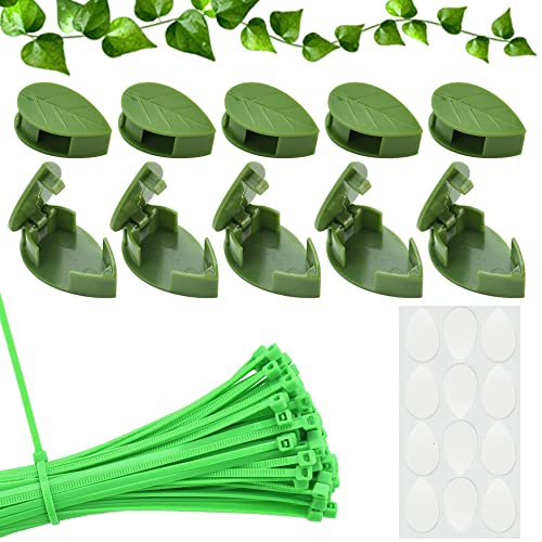 RECHCIGA 100PCS Green Cable Ties Adjustable Plant Tie Wraps with 50PCS Trellis Clips Plant Climbing Wall Fixture Clips Self-locking Plant Clips for Climbing Plants Gardening Plant Support and Secure