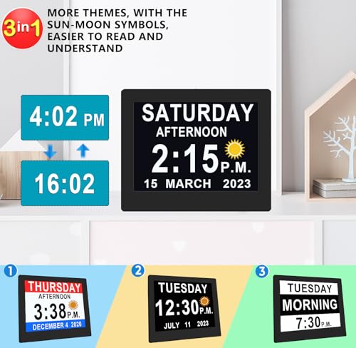 2023 Upgraded 19 Alarms Electronic Calendar Clock Day Date Clock, Non-Abbreviated Memory Loss Extra Large Day & Month Digital Clock, Auto Night Dimming (8” Black with Remote Control)