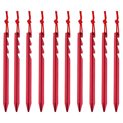 NUZAMAS Camping Tent Stakes Set of (10) 7" (18cm) - Ultralight and Heavy Duty 7001 Aluminum - 3 Guy Points - Red with Storage Bag